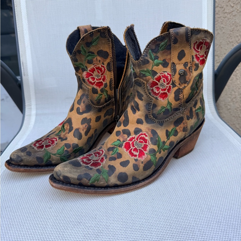 Distressed Floral Embroidered Cowboy Ankle Boots